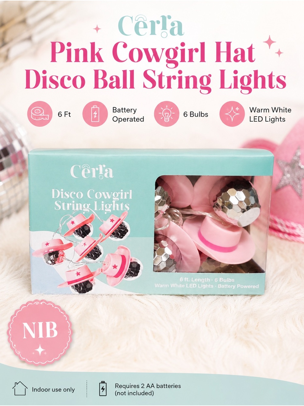Pink Cowgirl Hat Disco Ball String Lights - Battery Operated